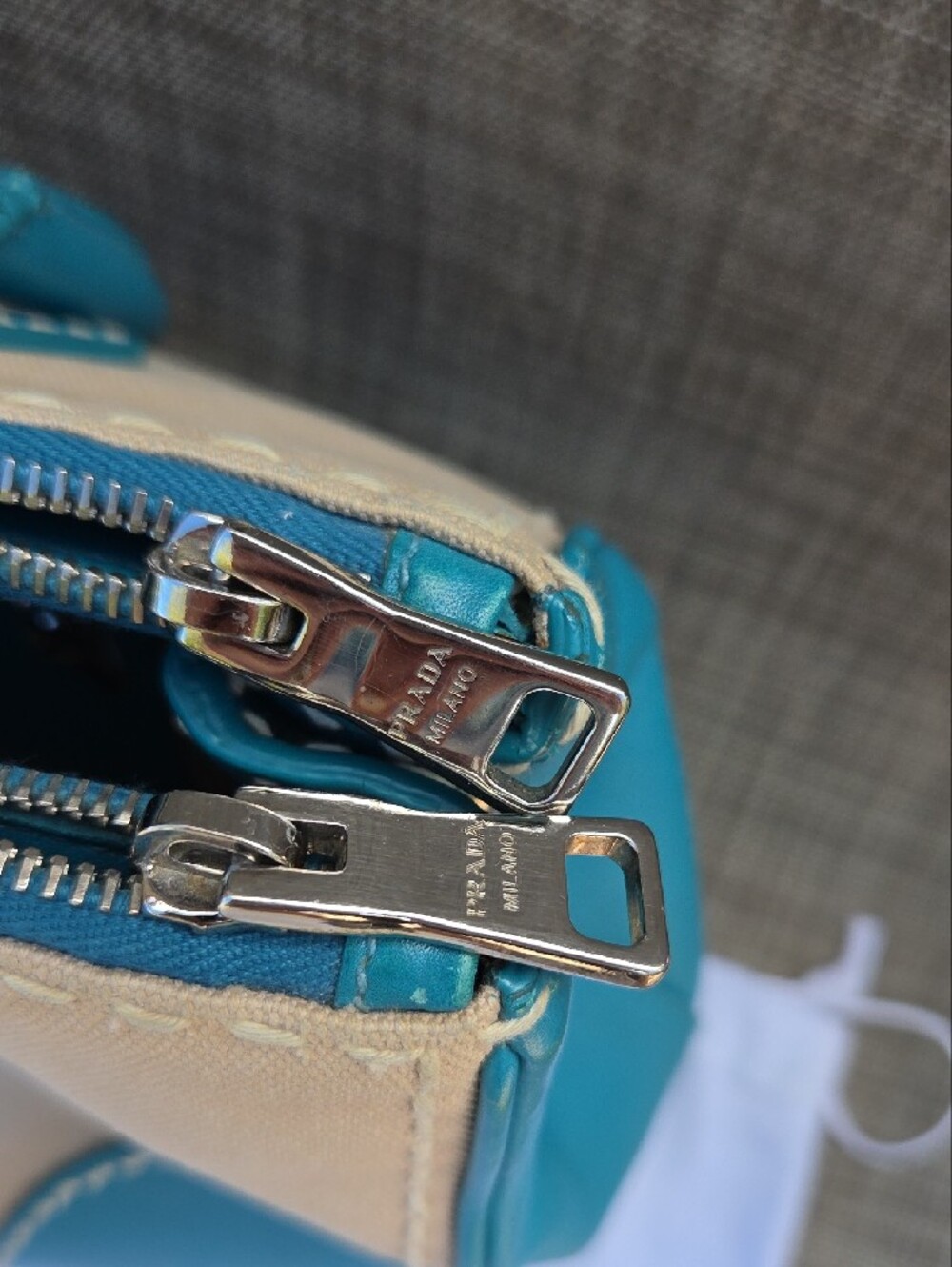 Prada Beige Canvas Satchel with Teal Leather Trim - Picture 15 of 17